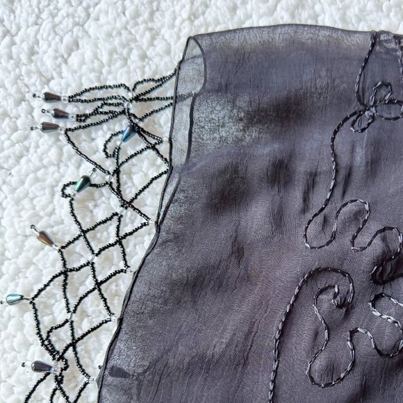 Sheer Black Beaded Fringe Chiffon Sarong Wrap Handmade - Picture 1 of 8